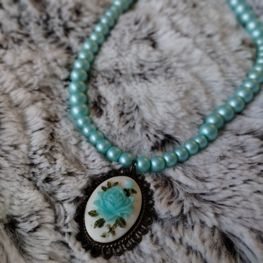 Pastel Blue Vintage Inspired Handmade Beaded Necklace
